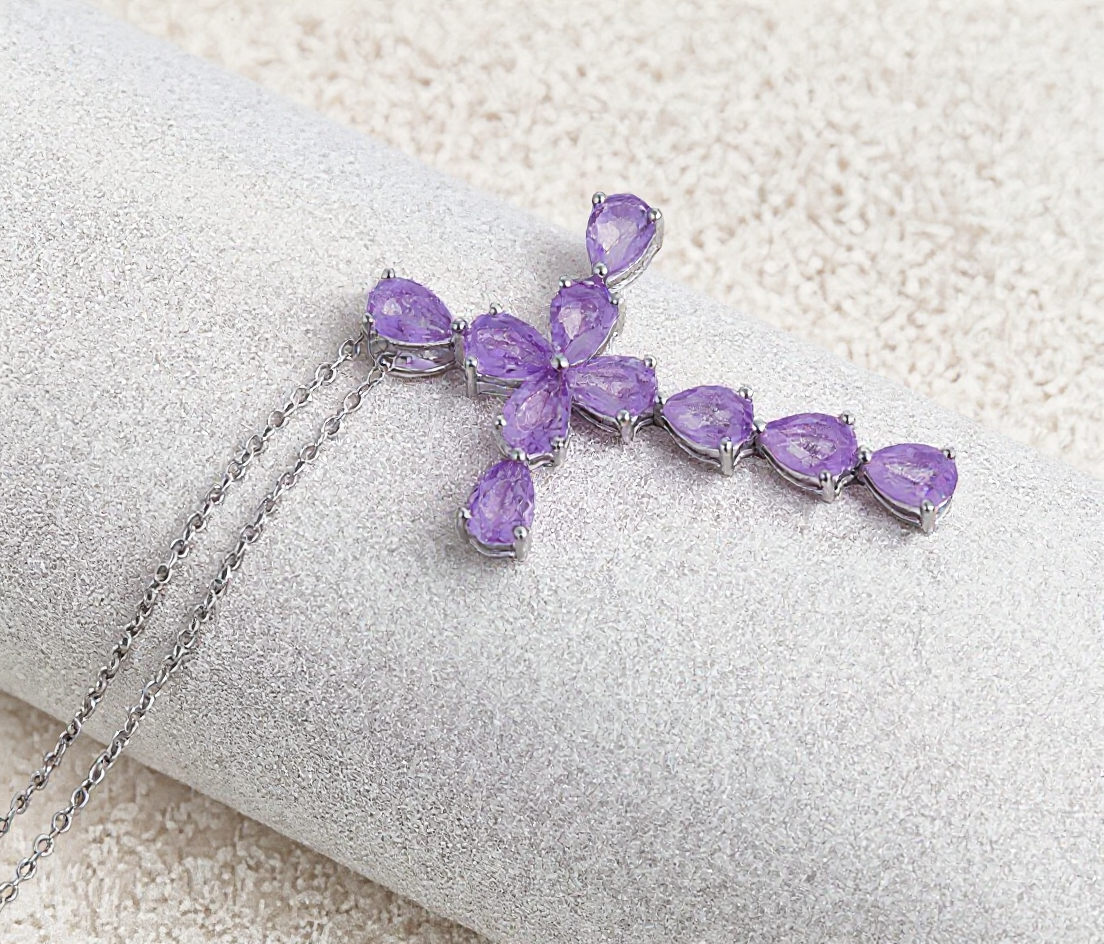 Sterling Silver Amethyst Cross Pendant ā Christian Birthstone Necklace for Her ā Meaningful Gift for Baptism, Birthday, or Christmas