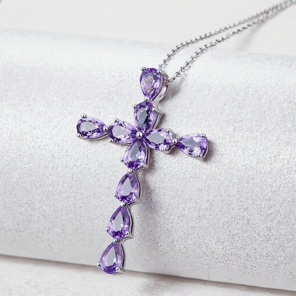 Sterling Silver Amethyst Cross Pendant – Christian Birthstone Necklace for Her – Meaningful Gift for Baptism, Birthday, or Christmas