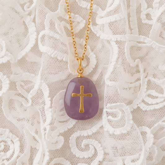 Christian Vintage Cross Necklace for Women – Natural Stone Pendant, Colorful Medieval Style
