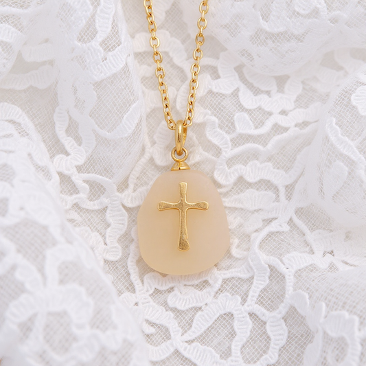 Christian Vintage Cross Necklace for Women – Natural Stone Pendant, Colorful Medieval Style