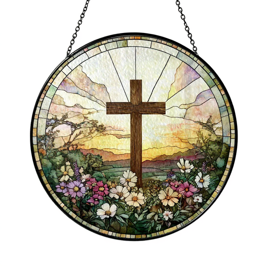 Stained Glass Cross Suncatcher with Wildflowers – Christian Hanging Window Decor, Easter Faith Gift, Religious Home Decoration