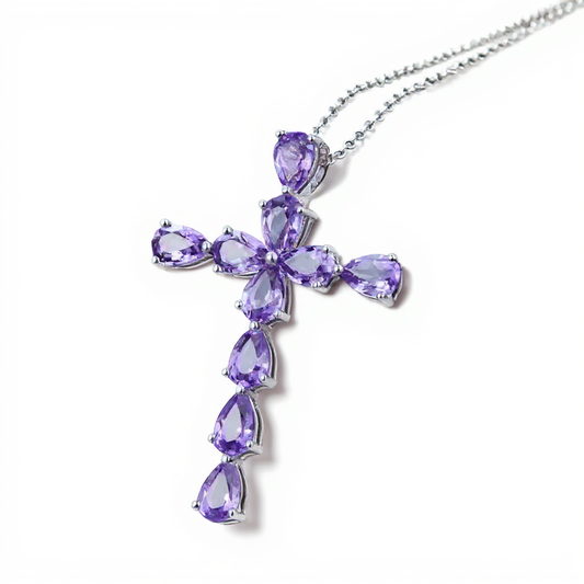 Sterling Silver Amethyst Cross Pendant – Christian Birthstone Necklace for Her – Meaningful Gift for Baptism, Birthday, or Christmas
