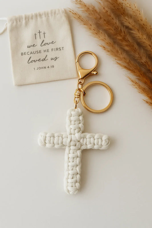 Handmade Macrame Cross Keychain – Handmade Christian Key Ring, Religious Gift, Boho Faith Accessory for Bags or Keys